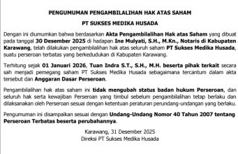 Pengumuman Pengambilalihan Hak Atas Saham PT Sukses Medika Husada